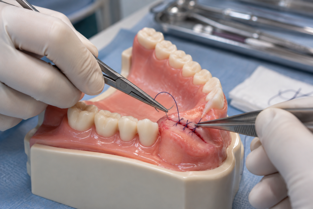 Suturing practice on a dental model