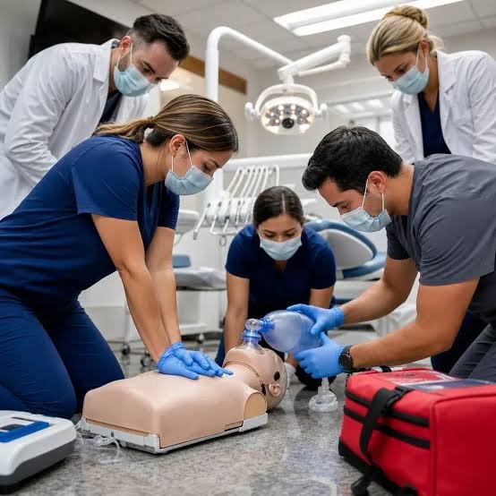 A dental team practicing an emergency response with a manikin