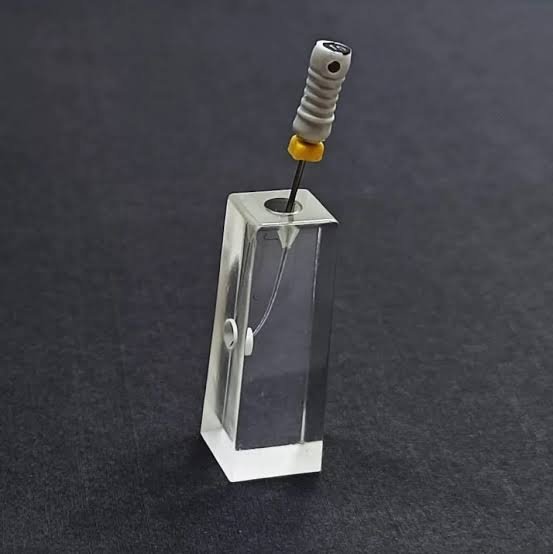 An endodontic file in a transparent canal training block