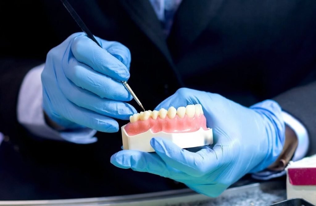 Gloved hands demonstrating a restorative procedure on a dental model