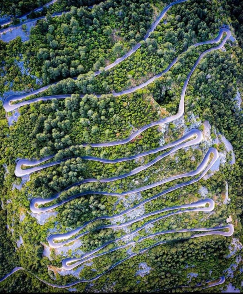 A winding mountain road through green woodland