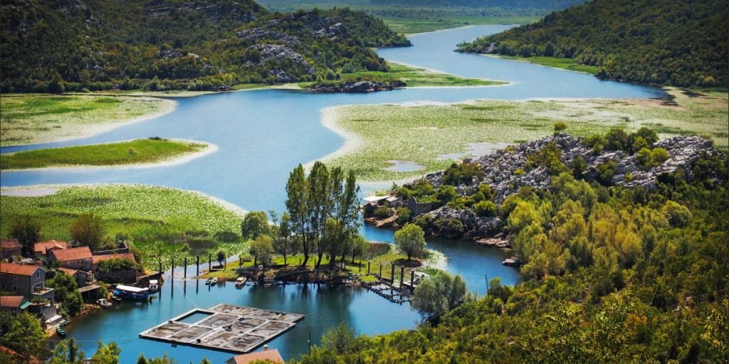 Lake scenery with green wetlands and surrounding hills